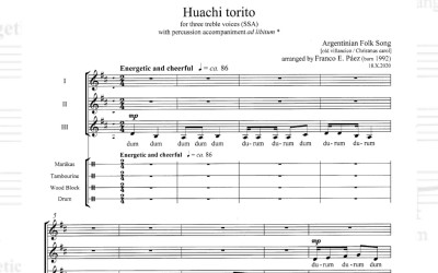 NOVO - PÁEZ Franco Ezequiel: HUACHI TORITO (Hijaja, bikec) za tri enake visoke glasove (SSA) s spremljavo tolkal ad libitum