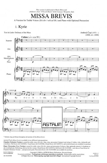 MISSA BREVIS (2008) - SAdiv (Partitura / Klavirski izvleček) - RAZLIČICA ZA KLAVIR / TOLKALA (FLAVTO)