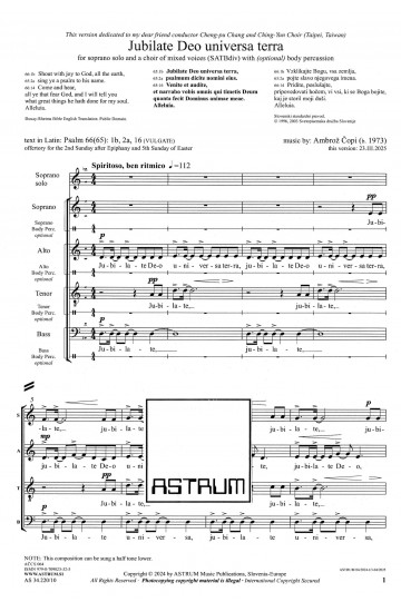 Jubilate Deo universa terra (SATBdiv) sopran solo, zbor SATBdiv, body percussion ad lib.